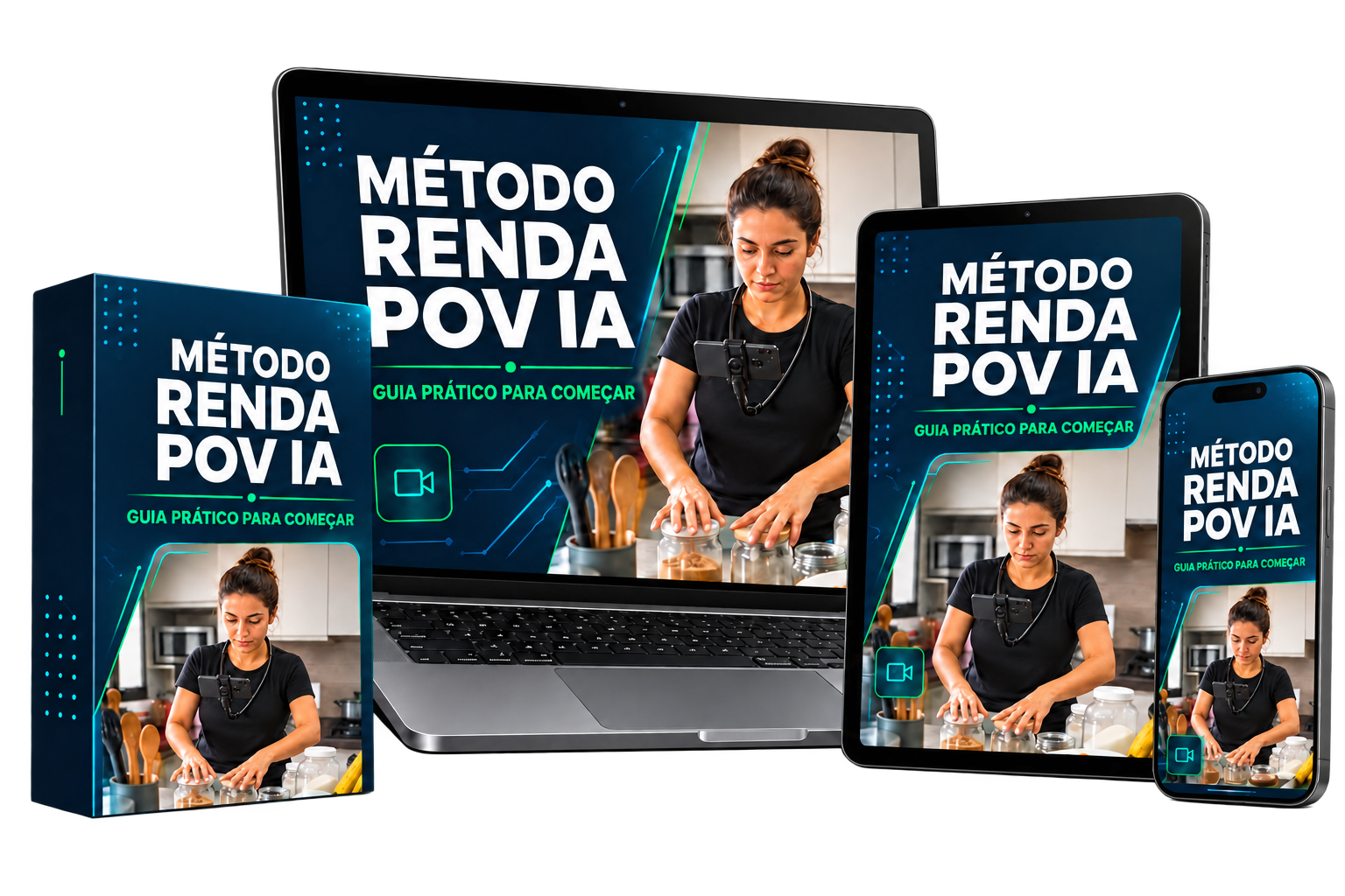 Mockup do Método Renda POV IA em caixa, notebook, tablet e celular