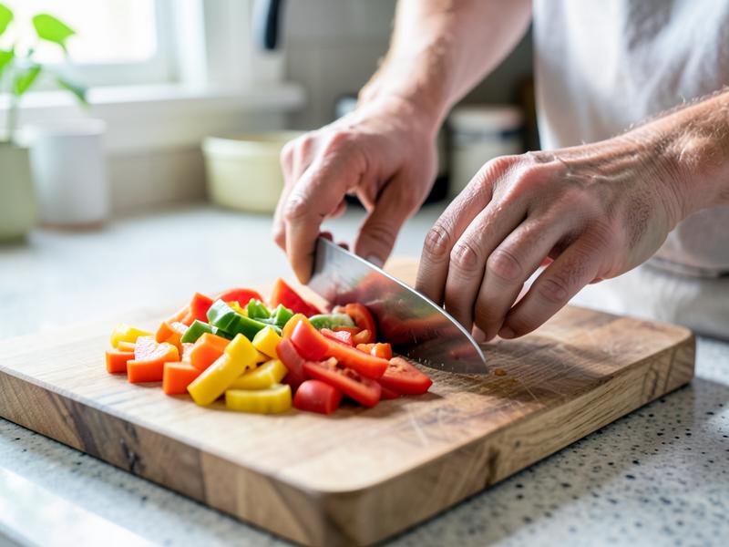 Mãos cortando legumes coloridos sobre uma tábua de madeira
