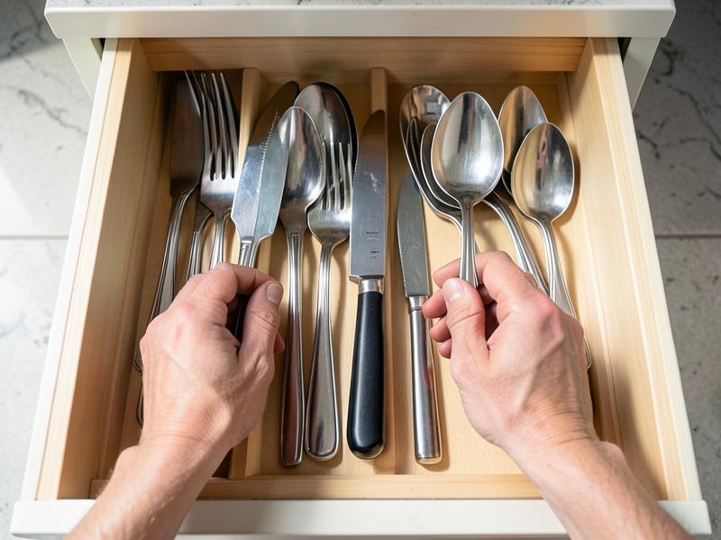 Mãos organizando talheres dentro de uma gaveta